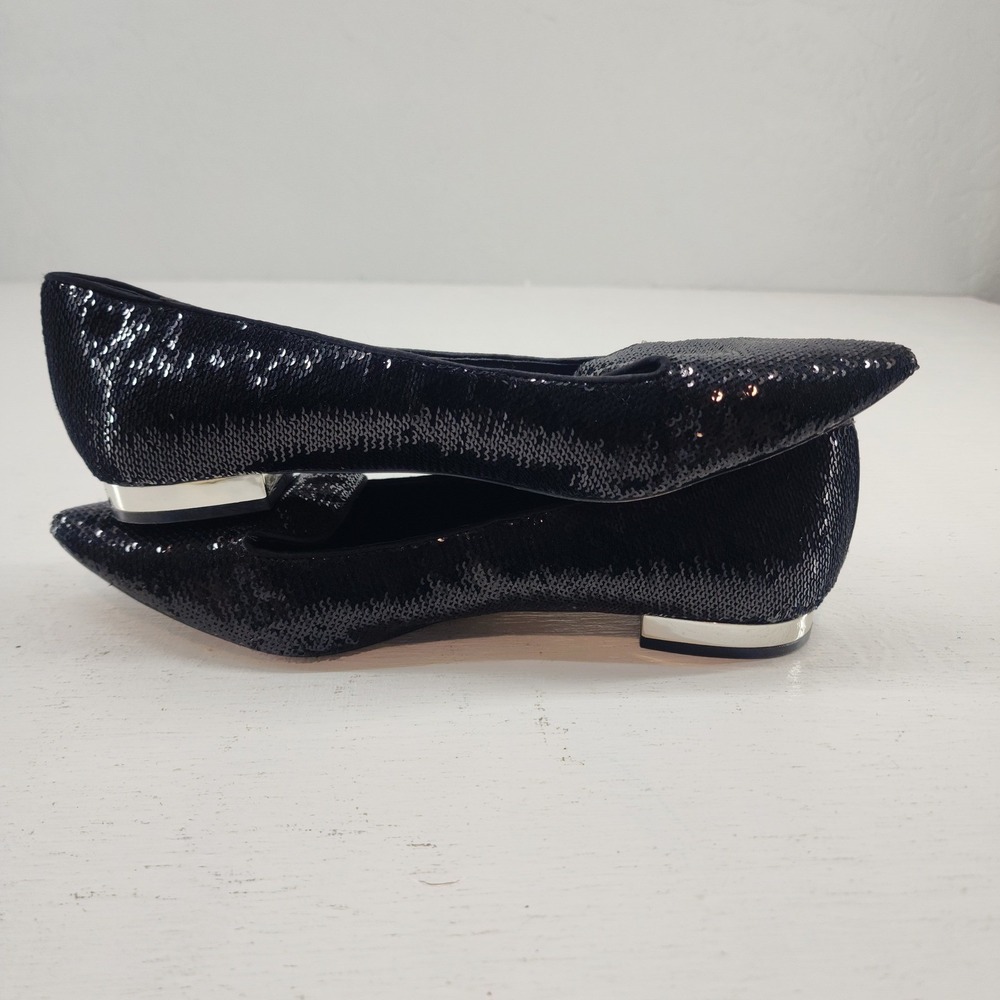 WHBM 8.5M | Starla Black Sequin Pointed Toe Smoking Loafers Flats Shoes Glam - Picture 5 of 7